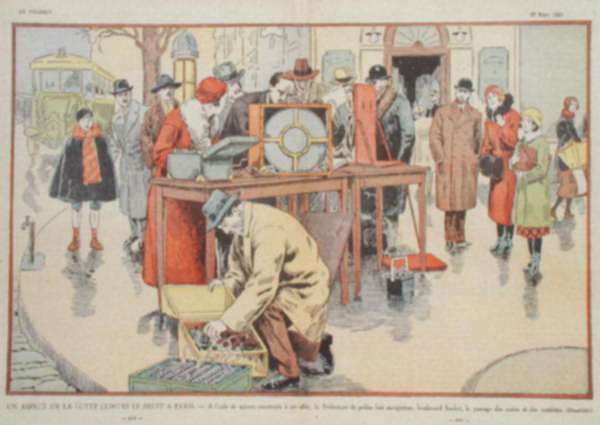 Coloured engraving from 1933 of measuring the sound levels in Paris, 12th March 1933